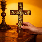 Hand-Carved Rose Cross Wall Art ✝️🌹 | Solid Beechwood Christian Decor with Golden Flowers
