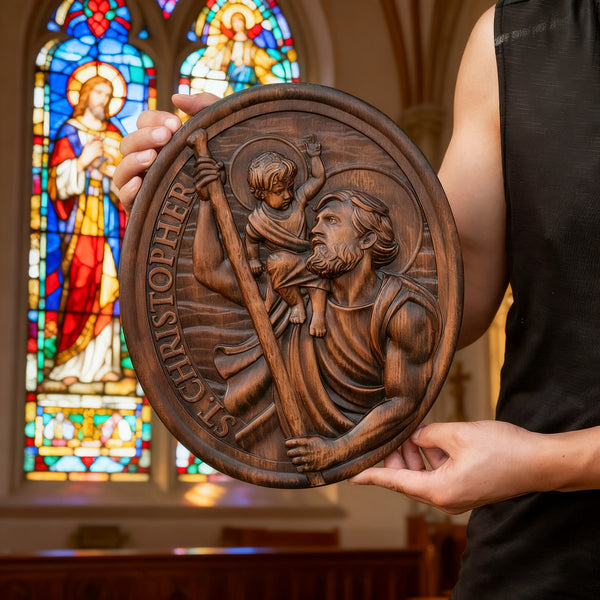 St.Christopher Christian Wood Carving Plaque/The patron saint of travelers