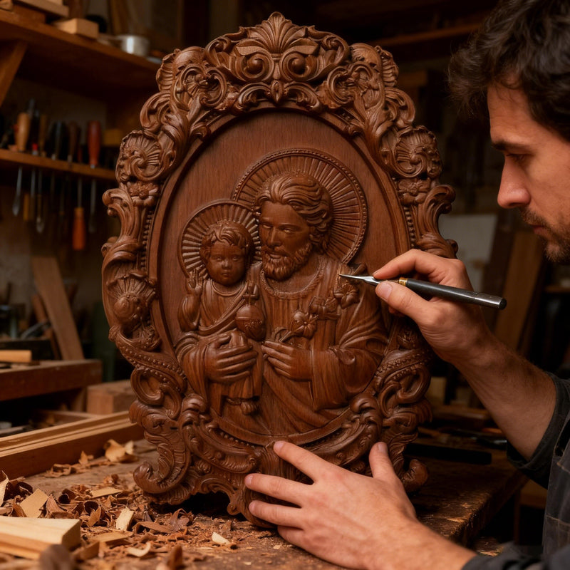 “St. Joseph & Child Jesus” Hand-Carved Wood Icon – A Timeless Christian Gift for Father’s Day & Faithful Homes