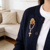 Our Lady of Guadalupe 11-Pearl Brooch with Crystal Cross Pendant