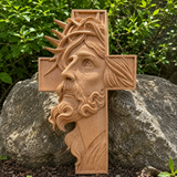 Hand-Carved Beechwood Jesus Crown of Thorns Cross – Christian Wall Art