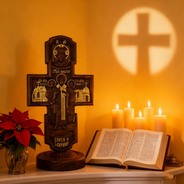 Double-Sided Icon Wood Carving ✝️ | Hand-Carved Crucifix & Saints Beechwood Wall Art