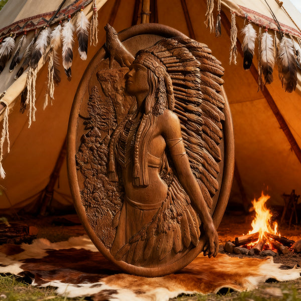 Native American Woman Wood Carving - Hand-Carved Solid Wood Art - Indigenous Home Decor