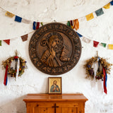 Saint Benedict religious icon, natural wood carved wall decoration