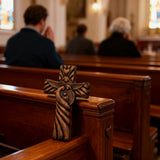 Holy Family wood icon decoration, Joseph, Mary, Baby Jesus, carved wooden cross, wall decoration