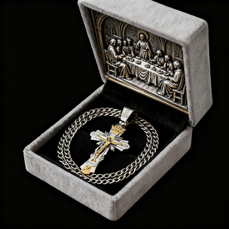 Gold-Plated Copper Crucifix Pendant with Jesus Christ and Religious Figures