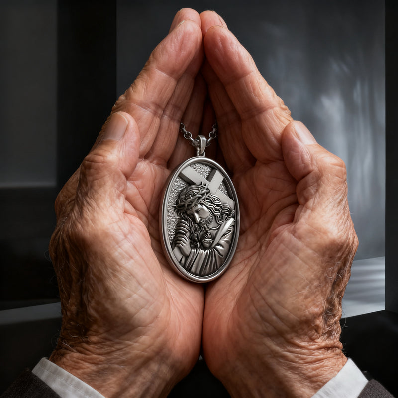 Divine Grace: Jesus Carrying the Cross with Sacred Heart S925 Sterling Silver Pendant Necklace