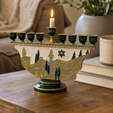 Jerusalem Skyline Hanukkah Menorah – Cloisonné Enamel Judaica Candle Holder