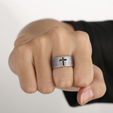 Vintage Antiqued Open-Band Cross Cutout Stainless Steel Ring