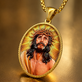 3D Embossed Enamel Crown of Thorns Jesus Oval Stainless Steel Necklace