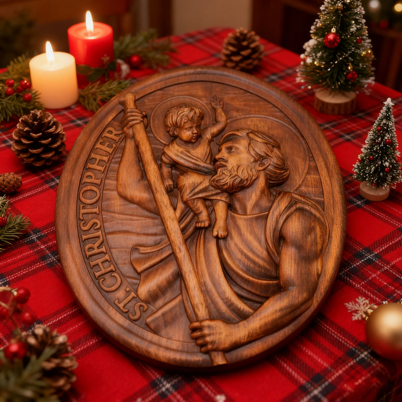 St.Christopher Christian Wood Carving Plaque/The patron saint of travelers