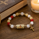 Chalcedony Cross Beaded Bracelet, Vintage Religious Printed Tube Bead Faith Jewelry for Women