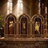 Holy Family Jesus Mary Joseph Arched Wooden Statue Set Tabletop Display