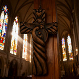 Holy Family wood icon decoration, Joseph, Mary, Baby Jesus, carved wooden cross, wall decoration
