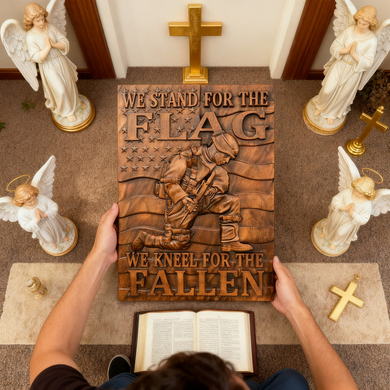 We Stand For The Flag, We Kneel For The Fallen -American soldier wood carving memorial icon