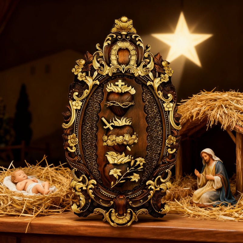 The Holy Family Sacred Hearts Triptych - Hand-Painted Wood Carving
