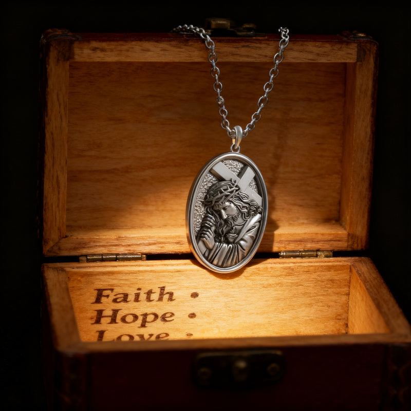 Divine Grace: Jesus Carrying the Cross with Sacred Heart S925 Sterling Silver Pendant Necklace