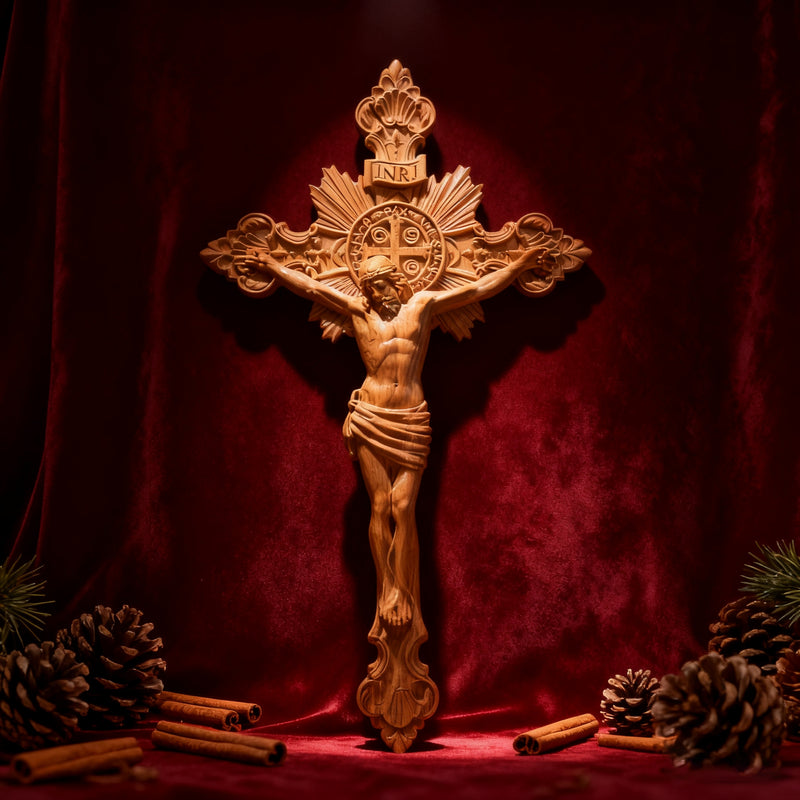 Wood carving of the Cross of the Order of Saint Benedict - with base