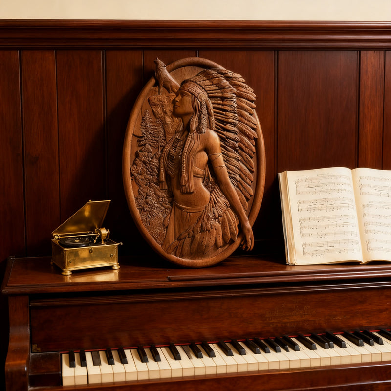 Native American Woman Wood Carving - Hand-Carved Solid Wood Art - Indigenous Home Decor