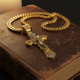 Gold-Plated Copper Crucifix Pendant with Jesus Christ and Religious Figures