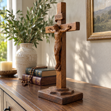 Hand-Carved Beechwood Crucifixion of Jesus Standing Cross – Christian Prayer & Home Altar Decor