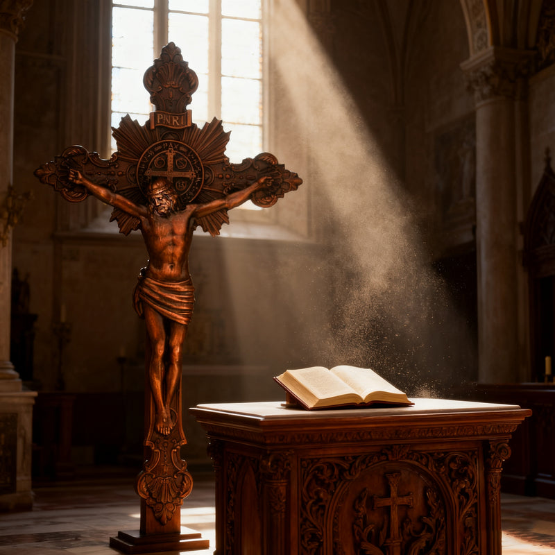 Wood Carving of Jesus Cross with St. Benedict's Exorcism