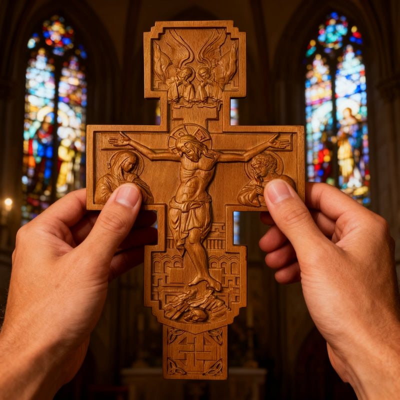Hand-Carved Beechwood Religious Cross: A Sacred Artistic Testament to Christian Faith