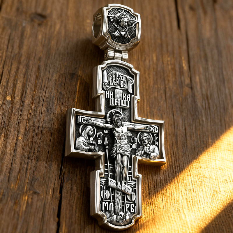 Orthodox S925K Silver Double-Sided Engraved Jesus Christ Crucified and Saints Orthodox Necklace
