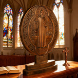 St. Benedict Double-Sided Wooden Desk Plaque: A Christian Symbol of Protection & Faith