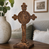 Hand-Carved Beechwood Saint Benedict Crucifix – Double-Sided Christian Standing Cross