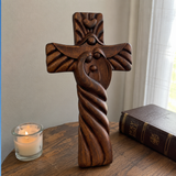Holy Family wood icon decoration, Joseph, Mary, Baby Jesus, carved wooden cross, wall decoration