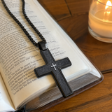 Two-Tone Bevel Edge Carbon Fiber Textured Inlaid Tiny Cross Stainless Steel Necklace