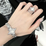 Irregular Pleated Chain Moonstone Skeleton Size Adjustable Bracelet Ring Set