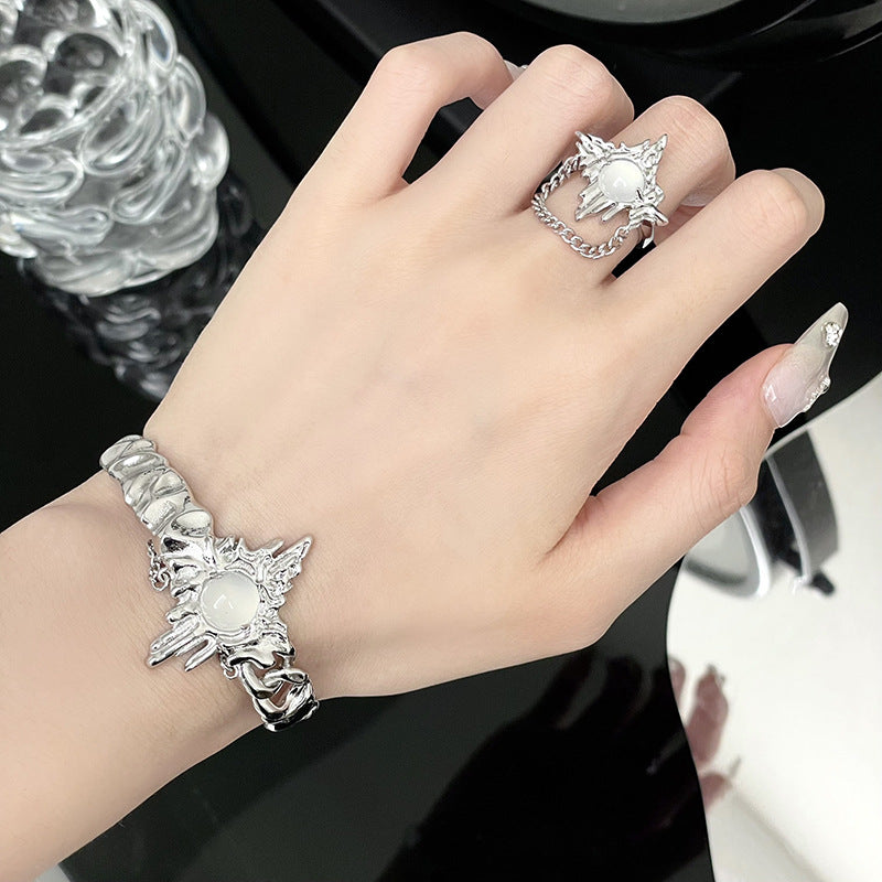 Irregular Pleated Chain Moonstone Skeleton Size Adjustable Bracelet Ring Set