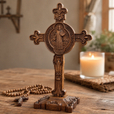 Hand-Carved Beechwood Saint Benedict Crucifix – Double-Sided Christian Standing Cross