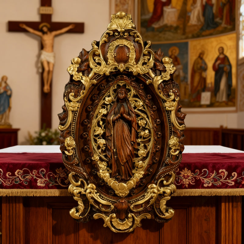 Hand-Carved Our Lady of Grace Wooden Icon: A Christian Symbol of Mary’s Devotion
