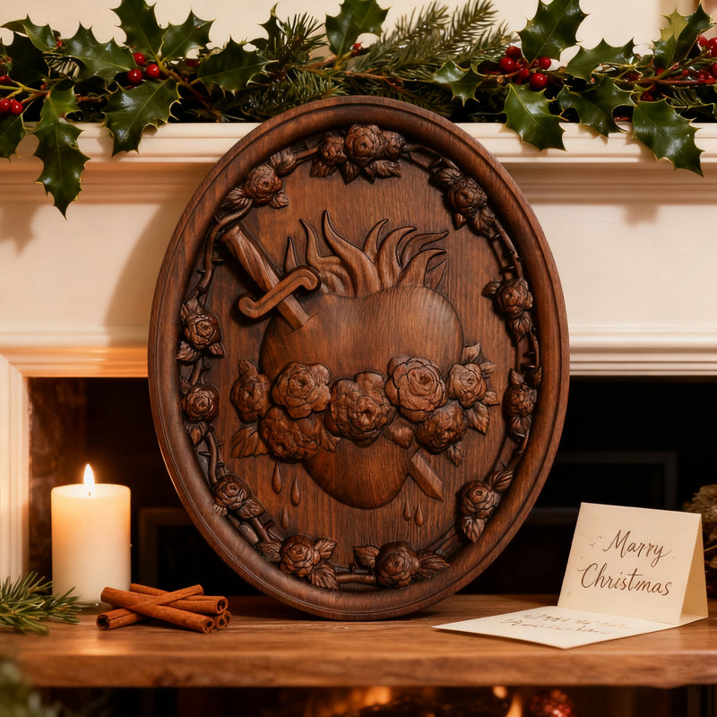 Sacred Family Three Sacred Hearts Wall Decoration Wood Sculpture