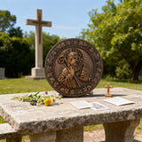 Saint Benedict religious icon, natural wood carved wall decoration