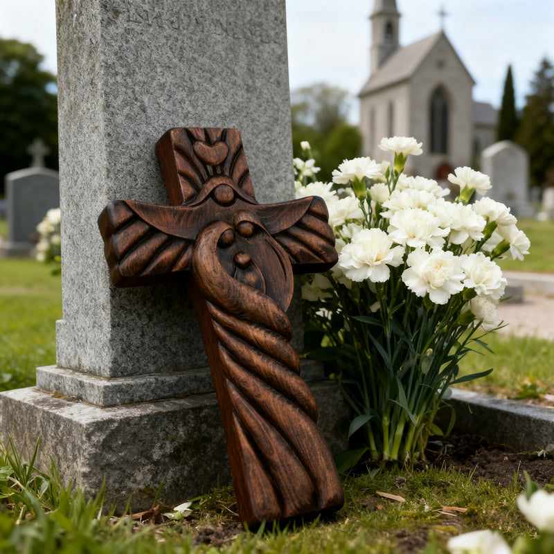 Holy Family wood icon decoration, Joseph, Mary, Baby Jesus, carved wooden cross, wall decoration