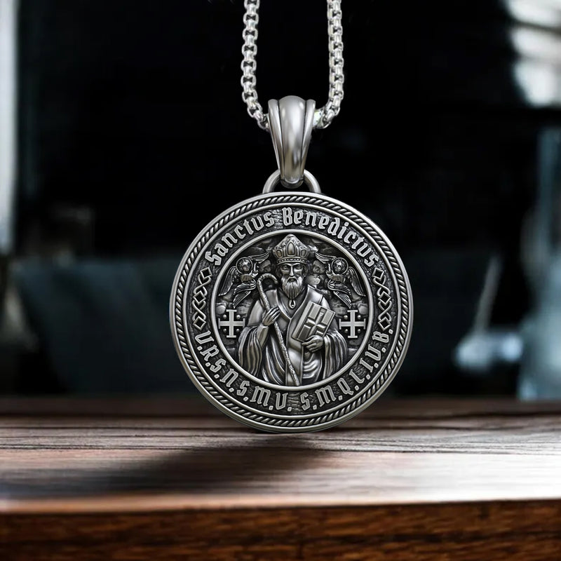 St. Benedict S925K Silver Double-Sided Engraved Amulet Pendant