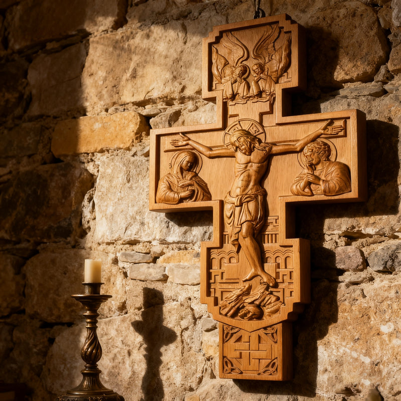 Hand-Carved Beechwood Religious Cross: A Sacred Artistic Testament to Christian Faith