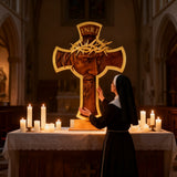 Sacred Thorn Crown Wooden Cross ✝️ | Hand-Carved Beechwood Crucifix with Crown of Thorns