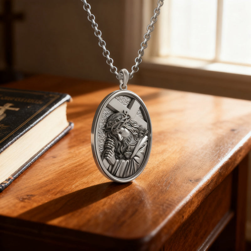Divine Grace: Jesus Carrying the Cross with Sacred Heart S925 Sterling Silver Pendant Necklace