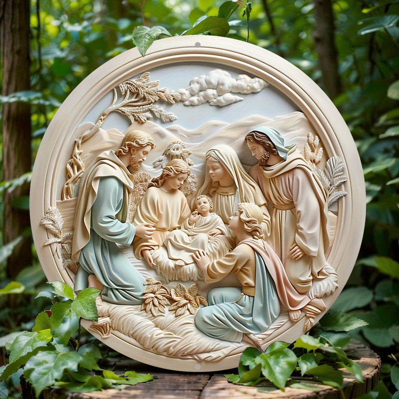 Christian Holy Family Relief Decorative Plaque - 8 Inch / 12 Inch Aluminum Waterproof Religious Wall Art (with Mounting Accessories)