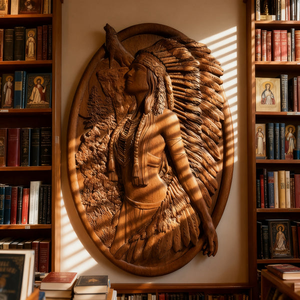 Native American Woman Wood Carving - Hand-Carved Solid Wood Art - Indigenous Home Decor