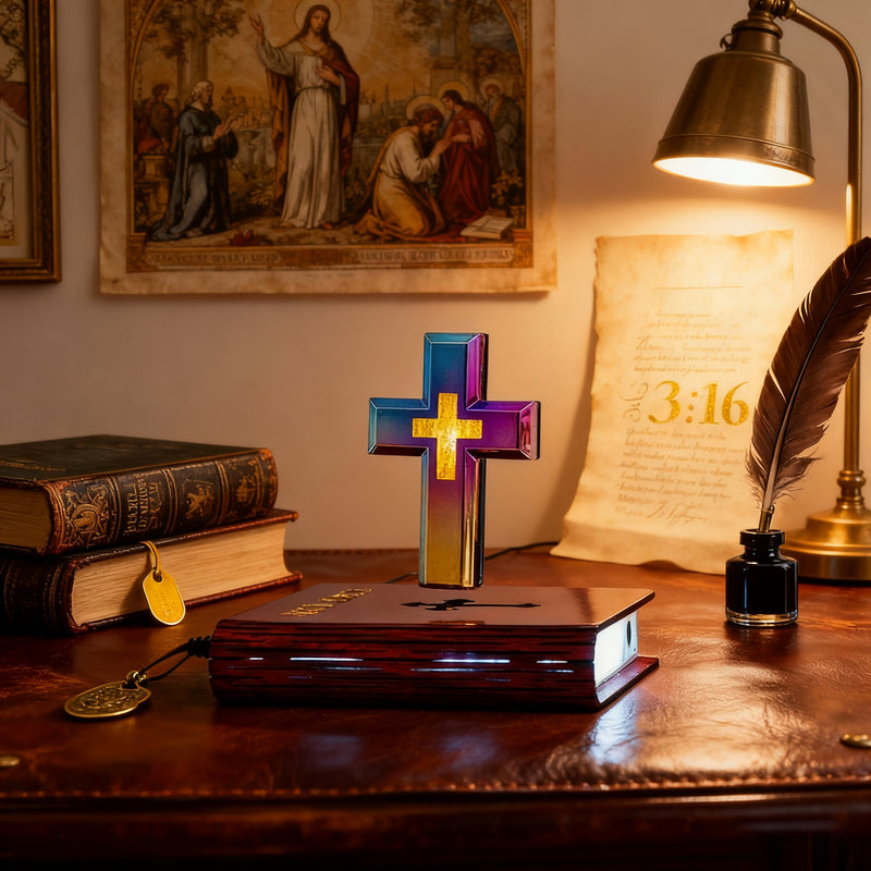 Floating Cross Bible LED Lamp: Suspended Faith, Illuminated Grace