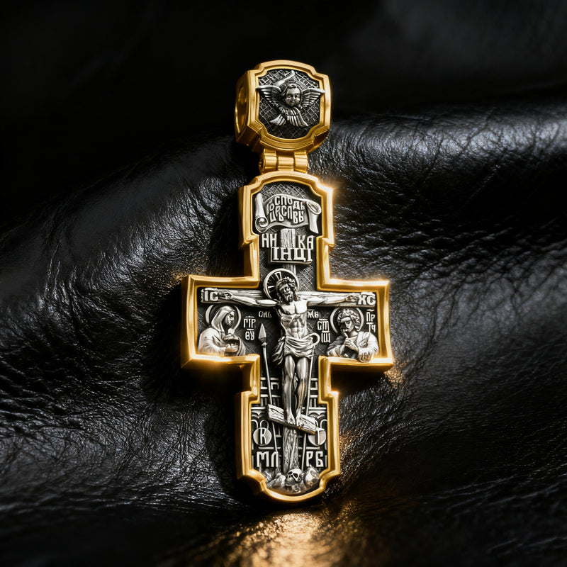 Orthodox S925K Silver Double-Sided Engraved Jesus Christ Crucified and Saints Orthodox Necklace