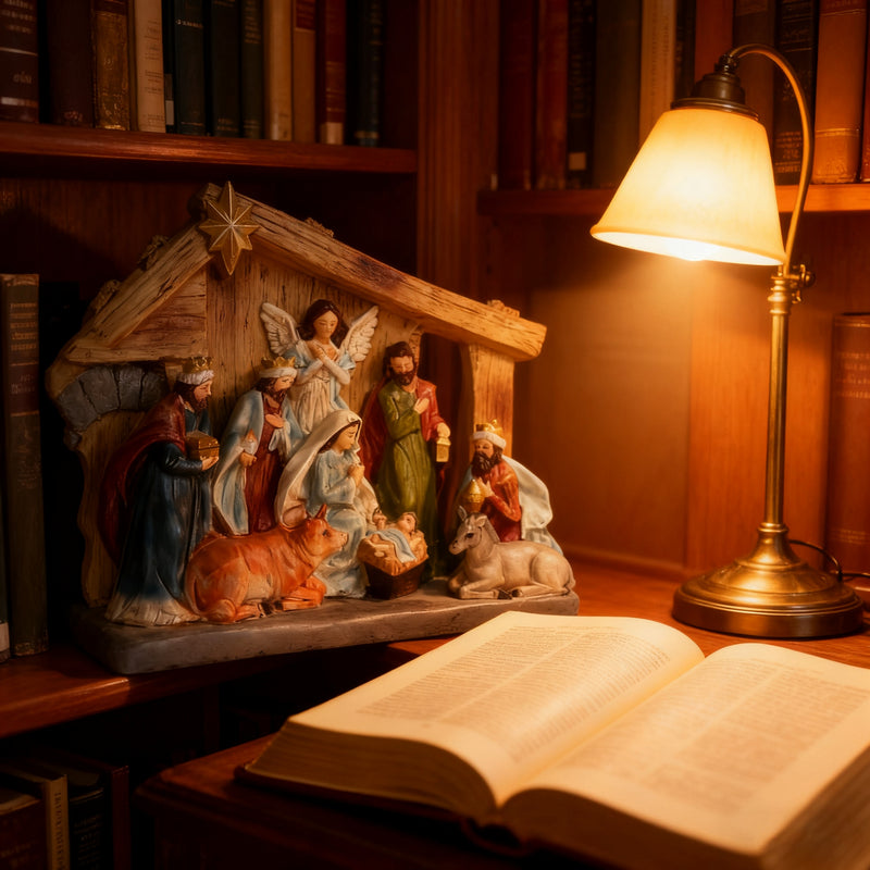 Hand-Painted Nativity Set, Vintage Holy Family Christmas Scene, Resin Manger Statue for Holiday Decor - Emmanuel "God With Us" Christmas Crèche