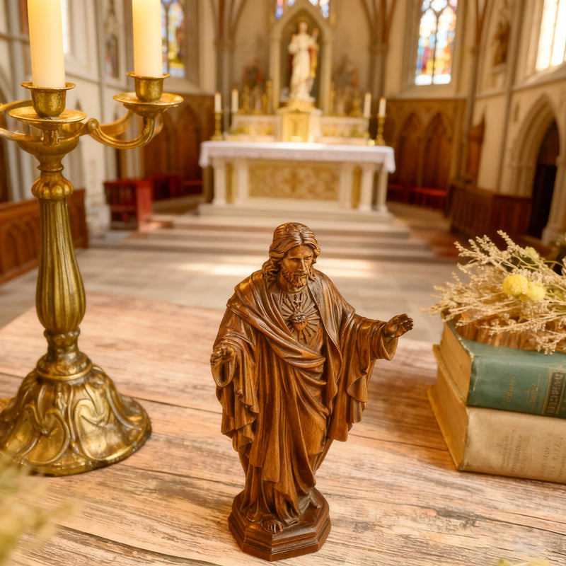 Hand Carved Sacred Heart of Jesus Virgin Mary Wooden Tabletop Ornament