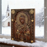 Our Lady of Sorrows Wooden Wall Decor - Our Lady of the Seven Arrows Softens the Heart of Evil